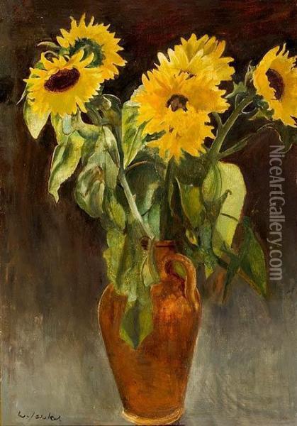 Sonnenblumen In Braunem Tonkrug Oil Painting - Willy Jaeckel