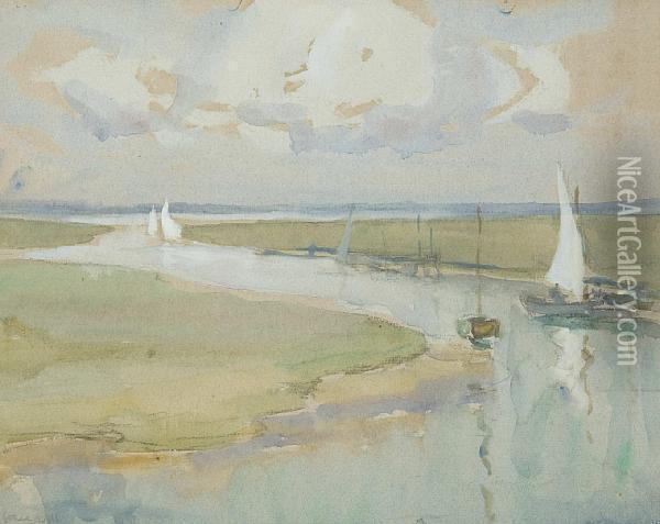 River Estuary With Boats Oil Painting - Ethel Hall