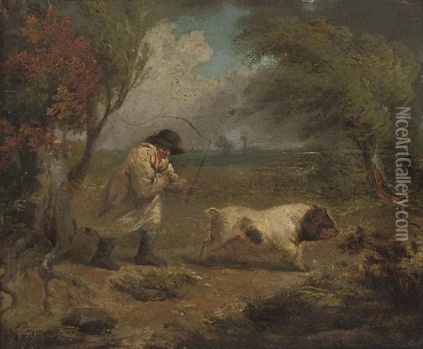 A Man With A Pig In A Landscape Oil Painting - James Ward