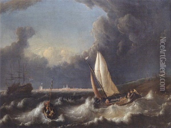 A Storm Off Hoorn With A Wijdschip Going About And A Pink With Its Lowered Sail, A Smalschip Tacking And A Man-of-war At Anchor Beyond Oil Painting - Ludolf Backhuysen the Elder