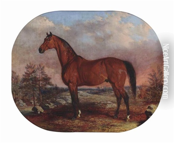 Horse In A Landscape Oil Painting - Edward Troye