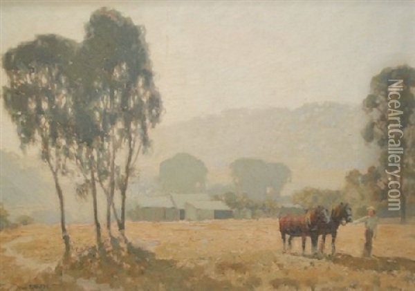 Australian Landscape With Heavy Horses Being Led To Field Oil Painting - Gustav Adrian Barnes