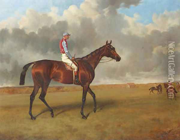 Miss Jummy, a bay racehorse with Jack Watts up, at Newmarket with other racehorses beyond Oil Painting - John Arnold Wheeler