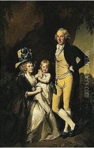 Portrait Of Richard Arkwright With His Wife Mary And Daughter Anne Oil Painting - Josepf Wright Of Derby