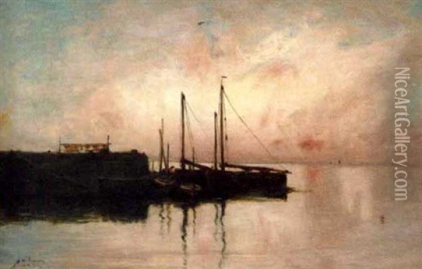Harbour At Sunset Oil Painting - George W. Aikman