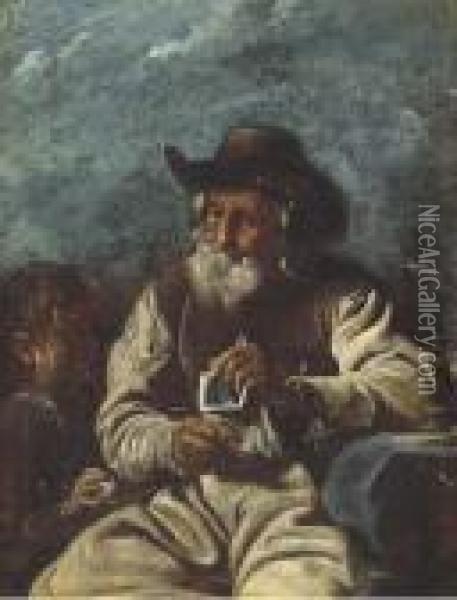 An Old Man Knitting With A Young Boy Oil Painting - Giacomo Francesco Cipper