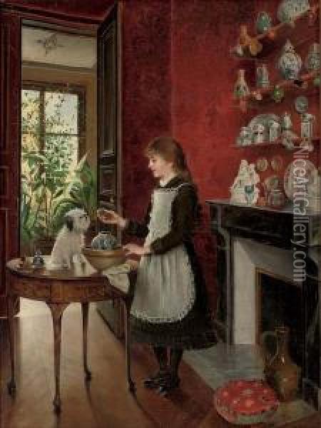 Young Girl With Her Dog Oil Painting - Albert Roosenboon