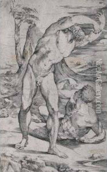 Two Male Nudes In A Landscape (passavant Vi, 150, 4; Le Blanc 7) Oil Painting - Domenico Beccafumi