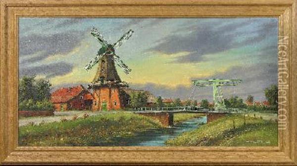 Ostfriesische Fluslandschaft M. Windmuhle Oil Painting - Frederick C. Gottwald