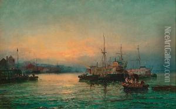 Warships, A Tug And Other Vessels In An Estuary Oil Painting - Hubert Thornley