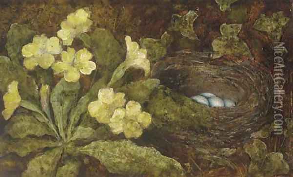 A primula and a bird's nest on a mossy bank Oil Painting - William Henry Hunt