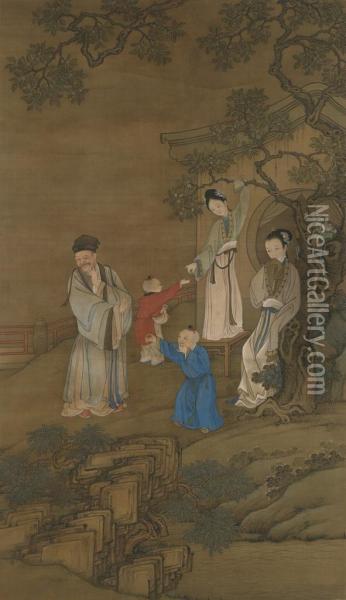 Figures In The Garden Oil Painting - Leng Mei