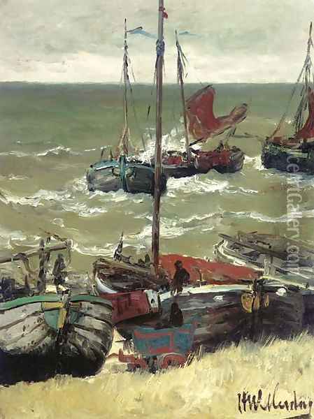 Terugkerende vissersschepen Bomschuiten by the coast Oil Painting - Hendrik Willem Mesdag