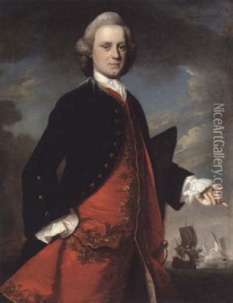Portrait Of A Gentleman Wearing A Blue Coat And Scarlet Waistcoat, A Naval Engagement Beyond Oil Painting - Joseph Highmore