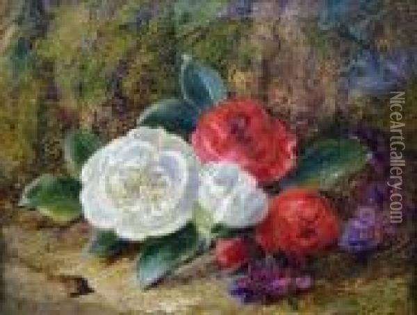 Still Life Of Flowers And Fruit On A Mossy Bank Oil Painting - Oliver Clare