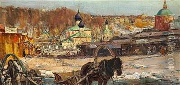 A Horse Cart In Front Of A Russian Town Oil Painting - Michail Vasilievitch Boskin