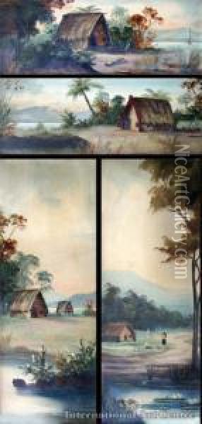Maori Village Scenes - Four Oil Painting - John de Critz