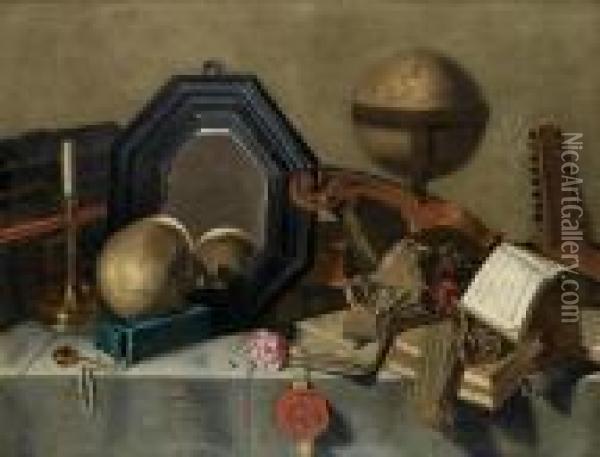 Still Life Of A Skull, A
Mirror, A Globe, Books, Musical Instruments And Other Objects On A
Draped Table Top Oil Painting - Pieter Gerritsz. van Roestraten