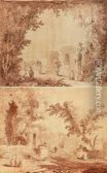 Paire De Paysages Animes : Une 
Terrasse Avec Un Terme Et Un Escalier Aux Lions Devant Un Chateau Oil Painting - Hubert Robert