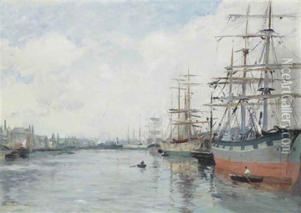Trading Vessels Moored In A French Harbour Oil Painting - Edmond Marie Petitjean