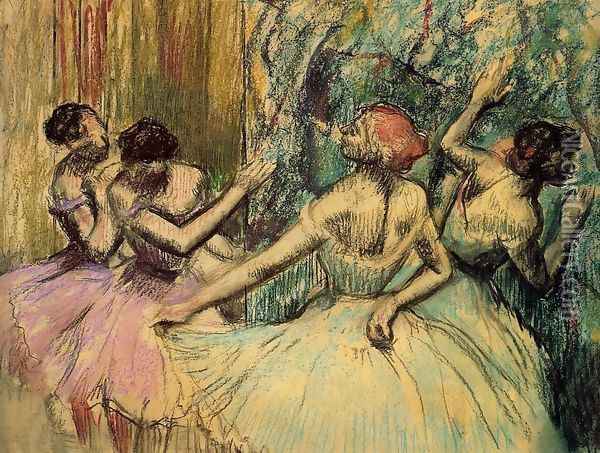 Dancers in the Wings, c.1899 Oil Painting - Edgar Degas