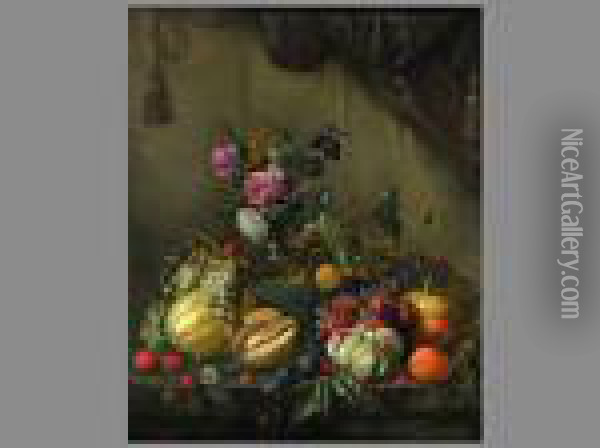 Stillleben Mit Blumenvase Und Fruchten Oil Painting - Cornelis De Heem