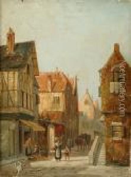 Continental Townscape With Figures Oil Painting - William Raymond Dommersen