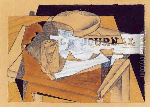 Bowl, Glass and Newspaper Oil Painting - Juan Gris