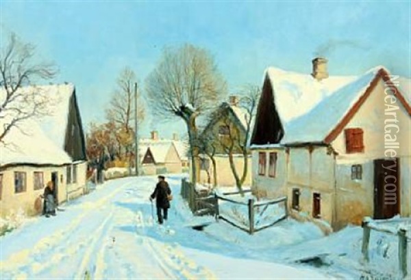 Snow-clad Village Scene Oil Painting - Hans Andersen Brendekilde