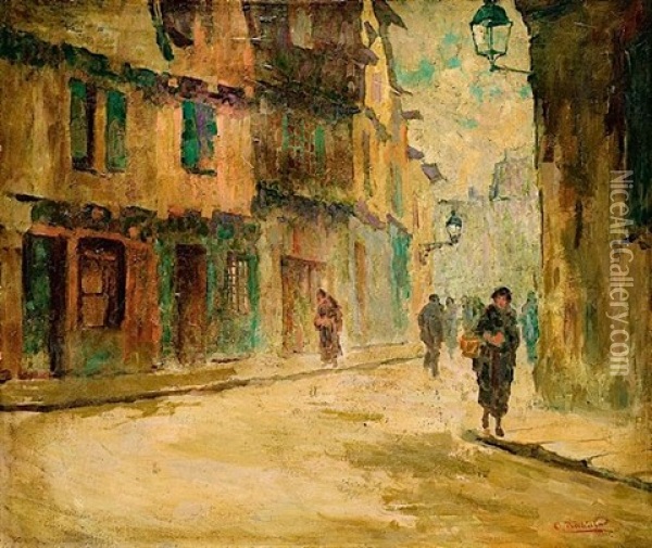 Rue Animee Oil Painting - Columbano Bordalo Pinheiro