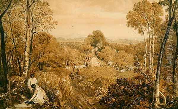 Wooded landscape with cottages and countrywomen, Hurley, Berks, 1818 Oil Painting - Joshua Cristall