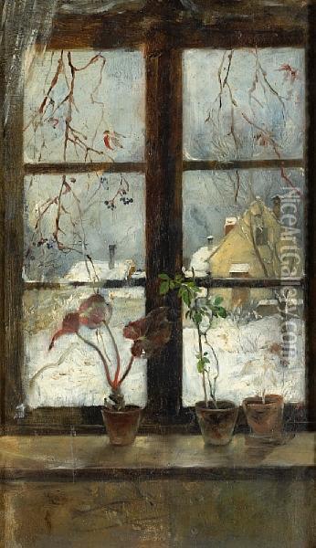 Snow Scene Through A Winter Window Oil Painting - Henry Alexander