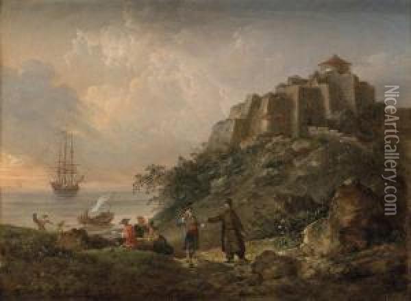 A Capriccio Of The Monastery Of Agios Ioannis Theologos, On The Island Of Patmos Oil Painting - Jean-Baptiste Hilaire