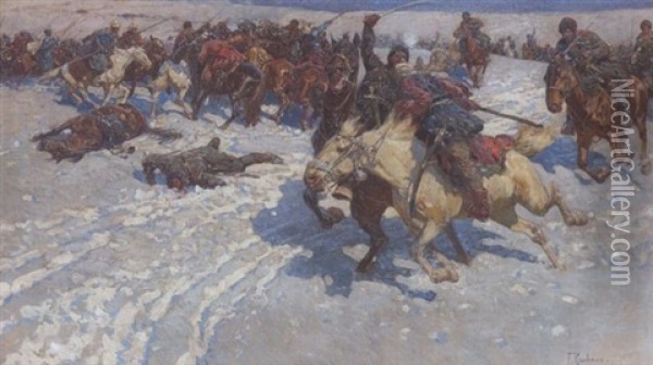 Reiterschlacht Im Winterlichen Kaukasus Oil Painting - Franz Roubaud