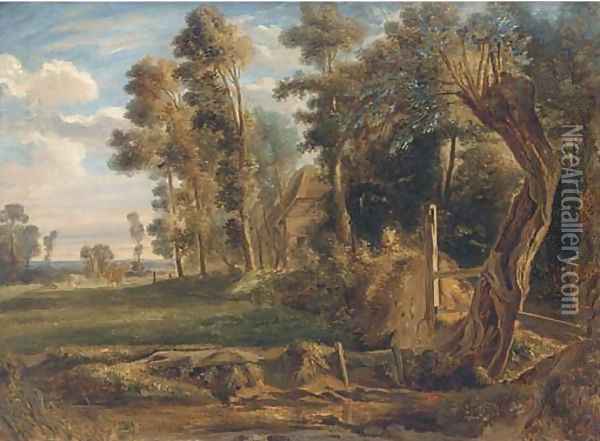 Cattle by a woodland cottage Oil Painting - Jules Louis Phillipe Coignet
