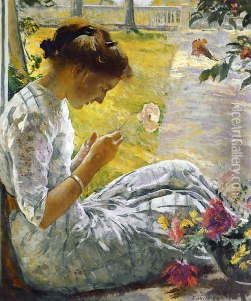Mercie Cutting Flowers Oil Painting - Edmund Charles Tarbell