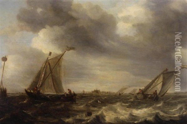Painting Of Ships In Rough Seas Near The Coast Oil Painting - Abraham van Beyeren