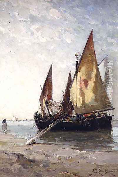 Fishing Boats Moored on the Beach Oil Painting - Edward Aubrey Hunt