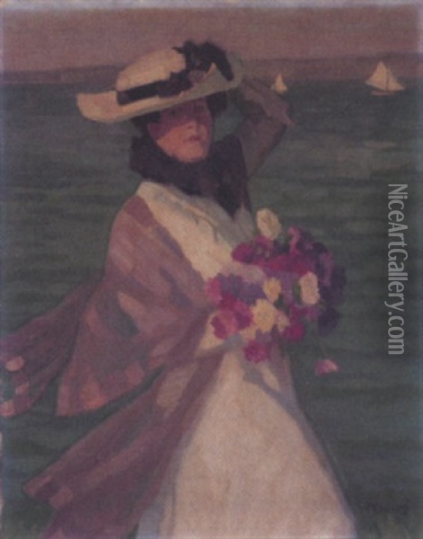 Damenportrait Mit Blumenbouquet Am Ufer Mit Segelbooten Oil Painting - Walter Georgi