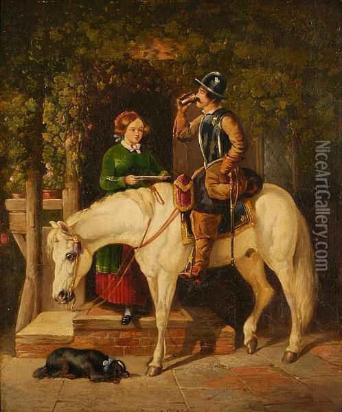 A Messenger On Horseback Taking Refreshment Outside An Inn Oil Painting - John Frederick Herring Snr