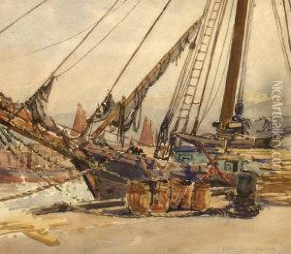 Ships In A Harbour Oil Painting - Nelson Ethelred Dawson