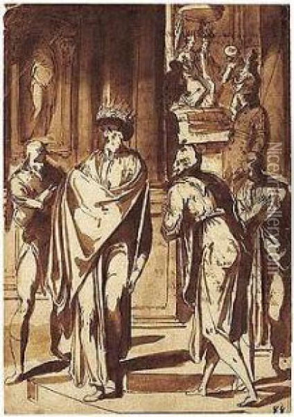 Courtiers Pleading With King Ahasuerus Oil Painting - Giovanni Guerra