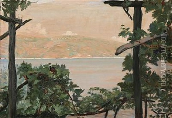 Italian Landscape With View Of A Lake And Mountains In The Background Oil Painting - Agnes Slott-Moller