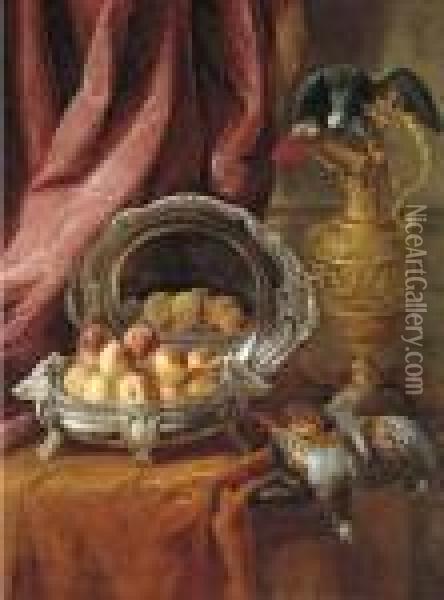 Peaches In A Silver-footed Bowl,
 A Silver Platter, An African Grey Parrot Perched On A Vermeil Ewer And 
Game Birds On A Partly-draped Tabletop Oil Painting - Alexandre-Francois Desportes