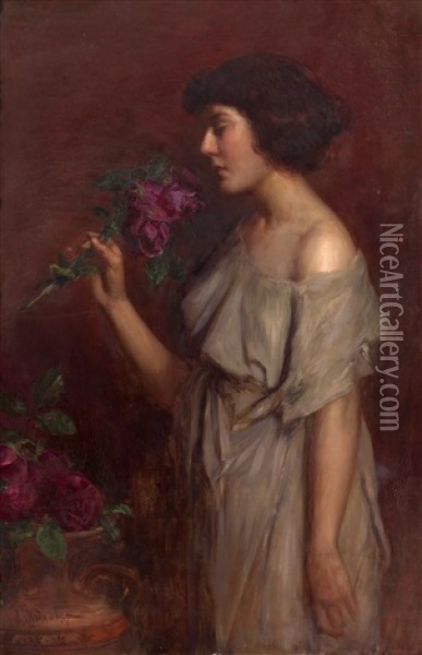 Portrait Of A Woman With A Rose Oil Painting - Victor Karlovich Shtemberg