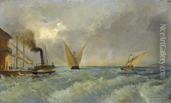 Seepartie Mit Segelbooten Und Dampfschiff. Oil Painting - Camille Jaccard