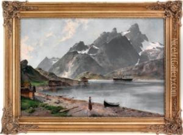 Kvinne I Fjordlandskap Med Dampbat Oil Painting - Axel Ender
