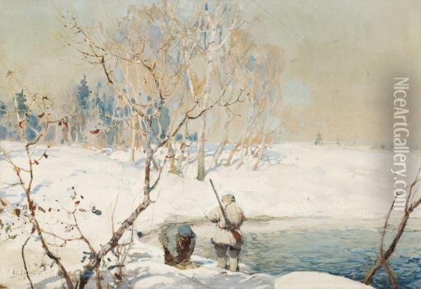Jagare I Vinterlandskap Oil Painting - Ivan Feodorovich Kolesnikov