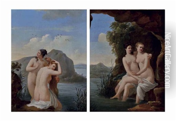 Des Nymphes Se Baignant; Et Des Nymphes A L'entree D'une Grotte Oil Painting - Jacques Antoine Vallin
