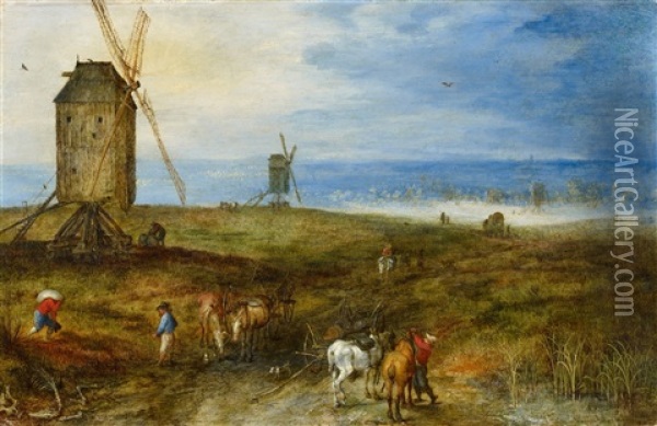 Wide Landscape With Windmills Oil Painting - Jan Brueghel the Elder